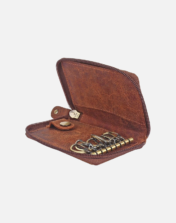 RUSTIC TOWN Leather Key Holder Case - Zippered Key Organizer Wallet with 8 Hooks for Keys