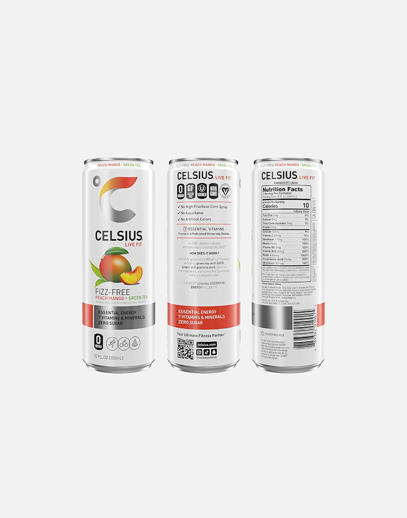 CELSIUS Peach Mango Green Tea, Functional Essential Energy Drink 12 Fl Oz