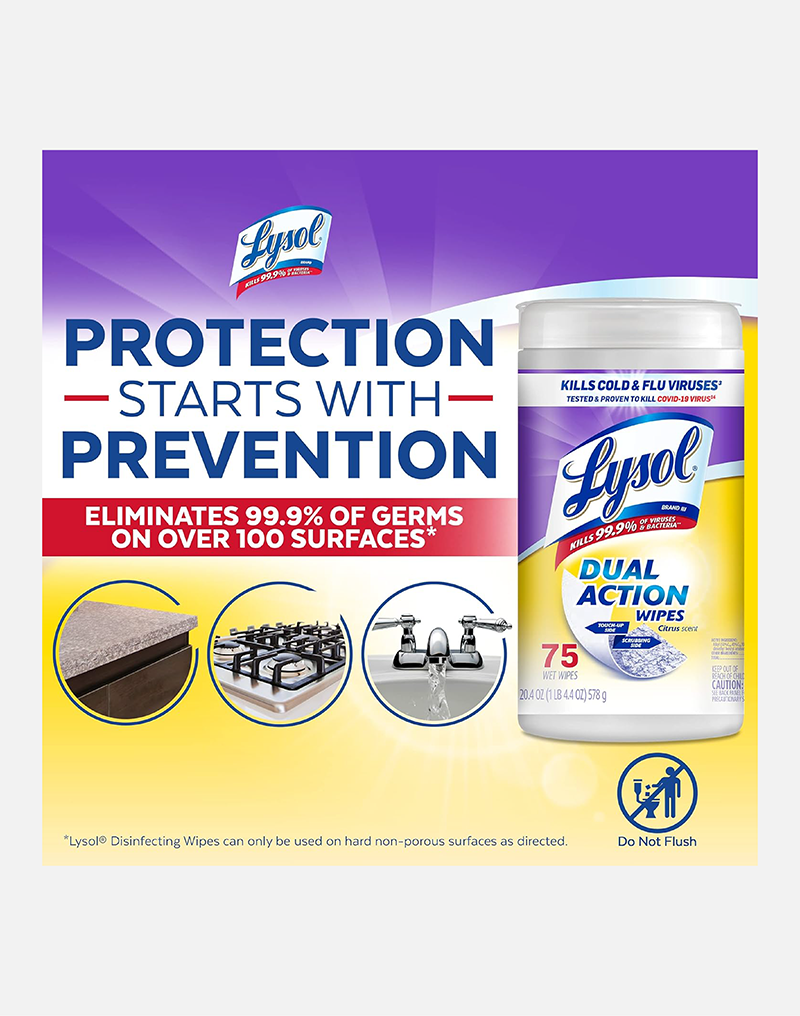 Lysol Dual Action Disinfectant Wipes, Multi-Surface Antibacterial Scrubbing Wipes