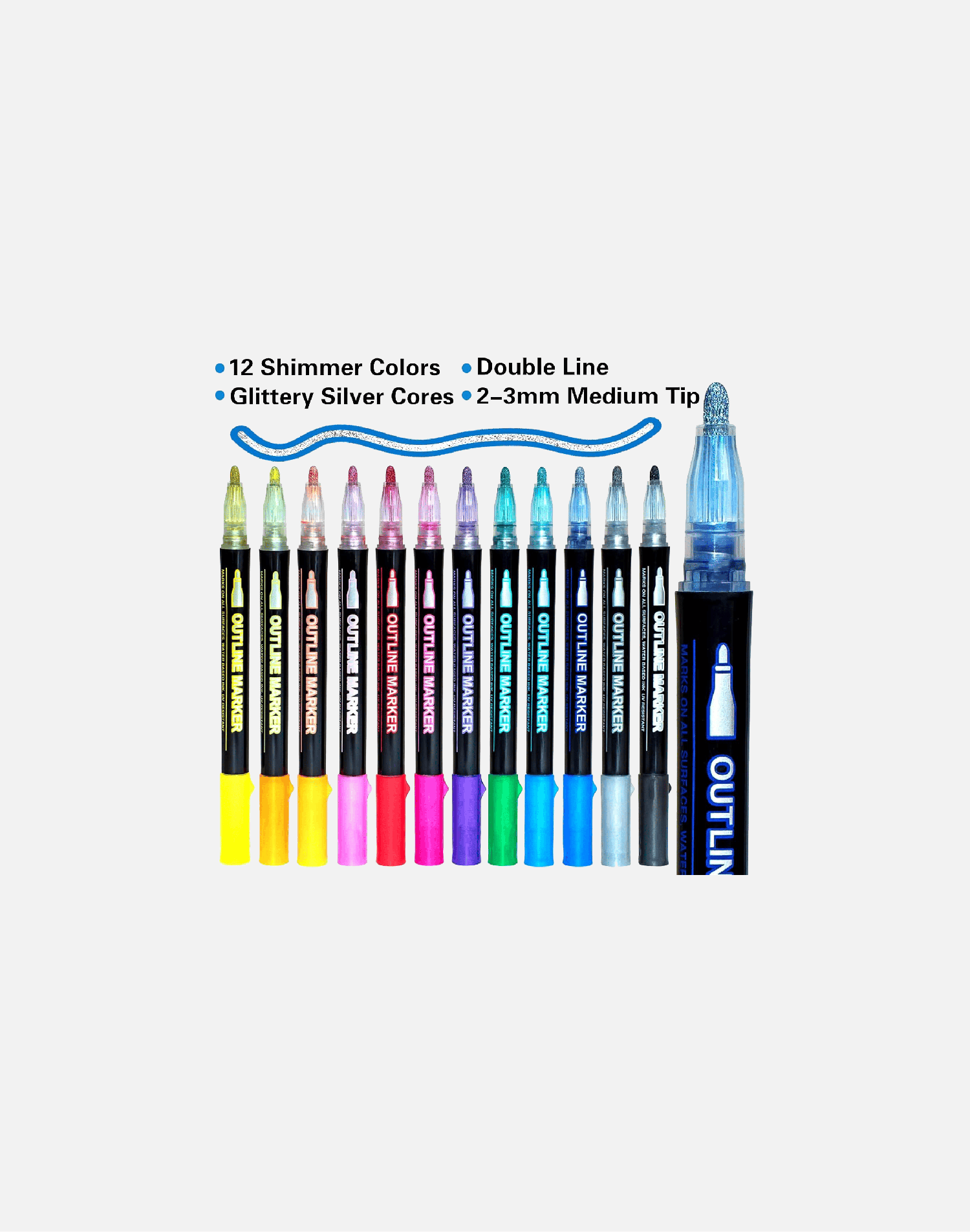 Shimmer Markers Outline Double Line: 12 Colors Metallic Glitter Pens Set