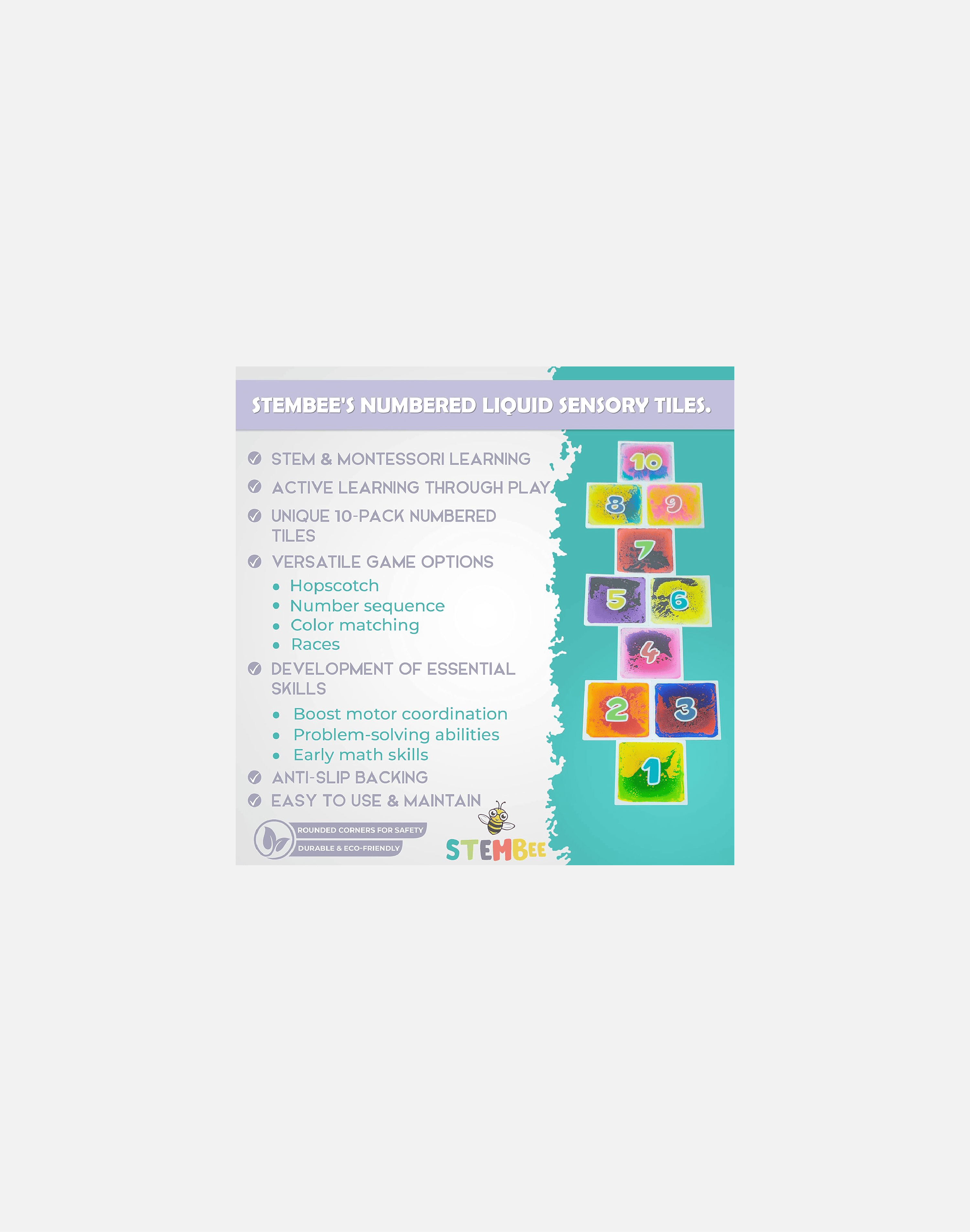10-Pack Numbered Liquid Sensory Tiles, 12" x 12" Activity Play Mats for Toddlers